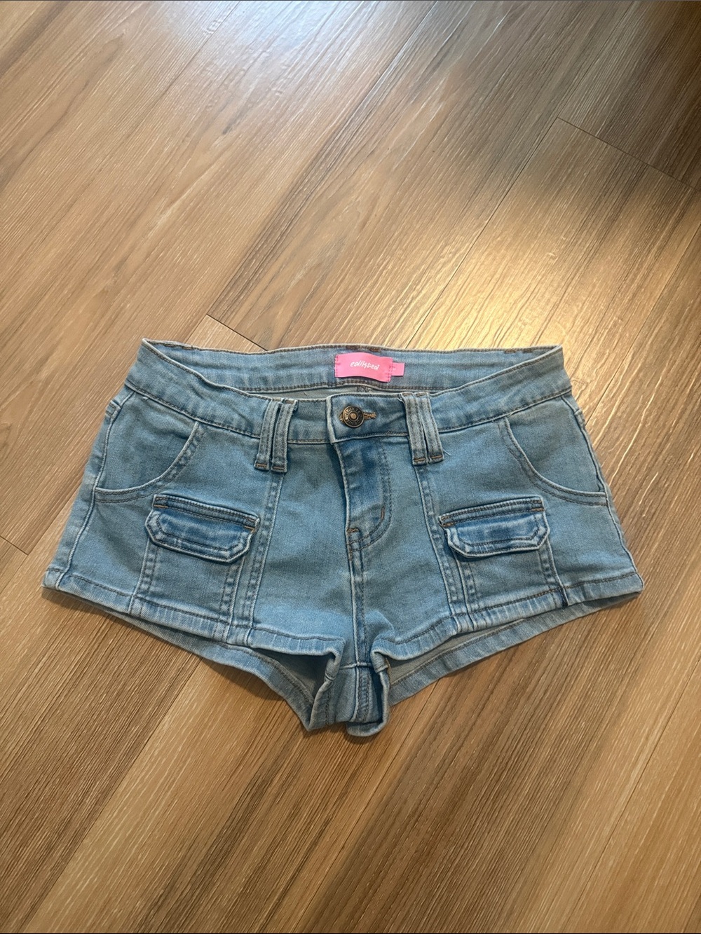 Edikted Micro Mini Shorts Denim Cargo Pocket Women's Light Blue Zipper NWOT
